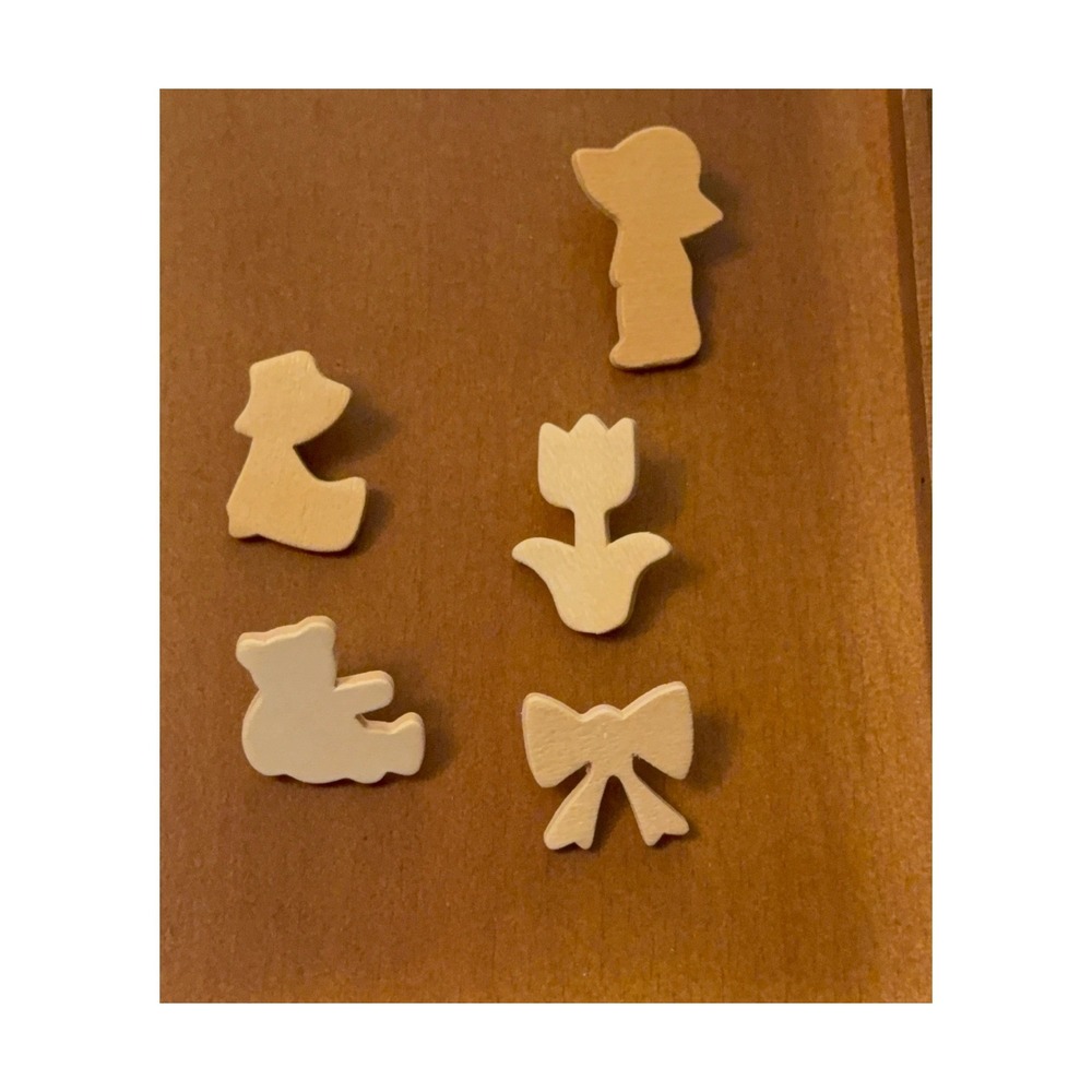 Vintage Handmade Wood Pushpins Set of 5 Teddy Bear Tulip Bow Duck Sunhat Tacks